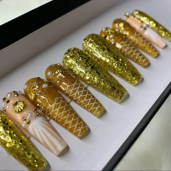 Yellow Mermaid 🧜♀️ Custom Press On Nails | High Quality Nails | Handmade - Picture 4 of 15